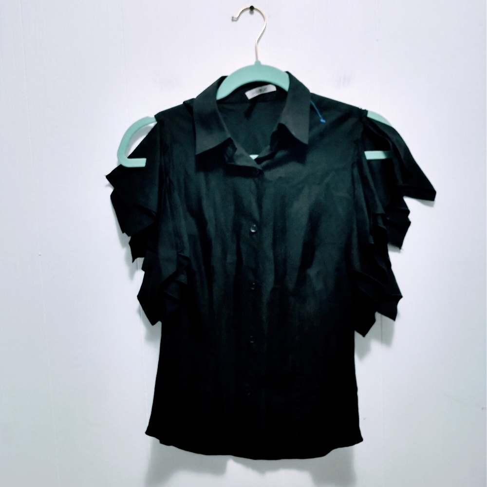 Philippe dubuc button up black shirt with fringe sleeve